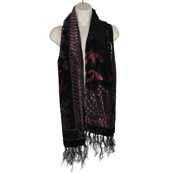 Unbranded Accessories - Black Pink Viscose Silk Flocked Scarf Wrap Fringe Lightweight Unbranded
